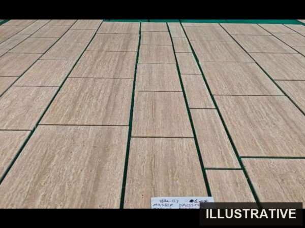 Laid travertine slabs forming a continuous horizontal surface, the deck a pool surround is cut for