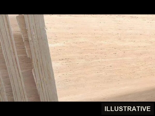 Unfilled travertine stair tread: an upright slab with the horizontal bedding running across it, as it does on a finished tread